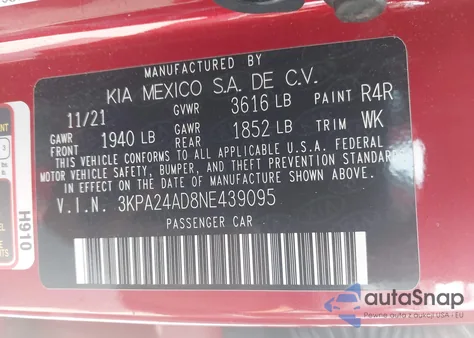 2022 Kia Rio S z USA, uszkodzony, nr VIN 3KPA24AD8NE439095